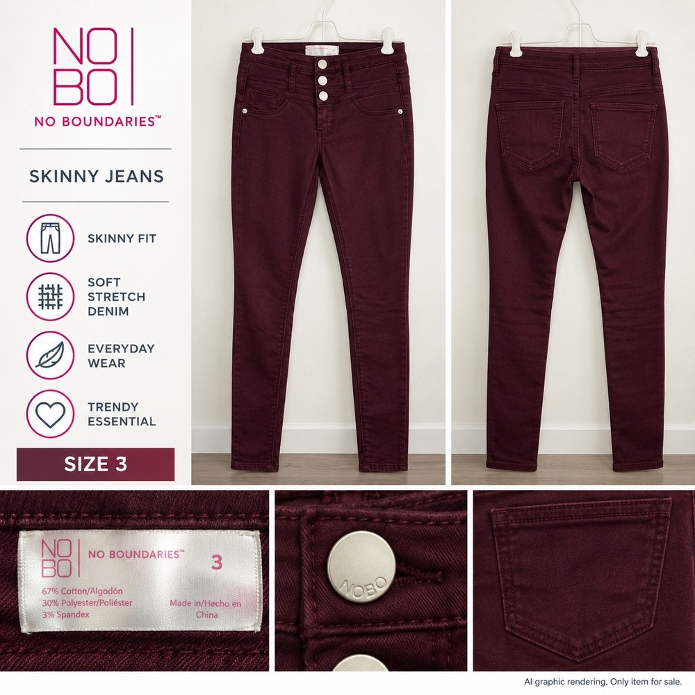 No Boundaries Size 3 Skinny Jeans Burgundy High Rise Triple Button Fly Scarlet
